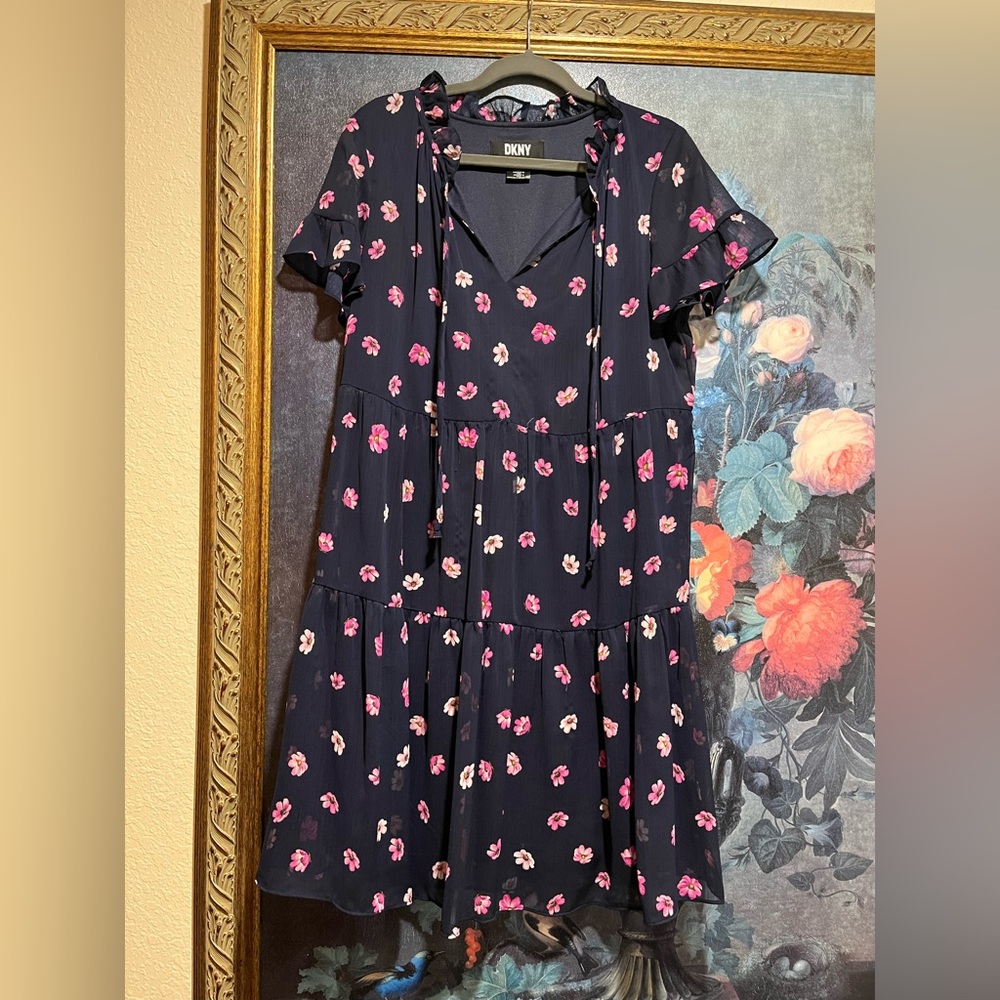 DKNY Navy Dress with Pink Floral Pattern